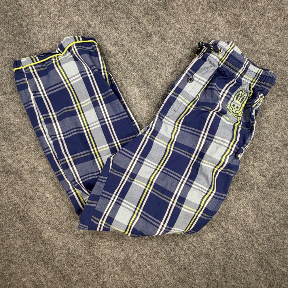 Psycho Bunny Mens Plaid Pajama Pants Navy Blue Lime Green Cotton Size S 0342